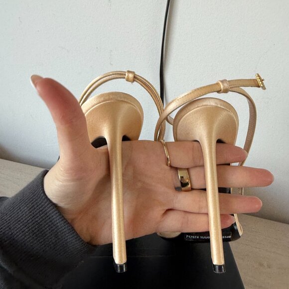 NWB Saint Laurent Lila Sandals Beige Satin Ankle Strap High Heels Sz 39 - Picture 13 of 15